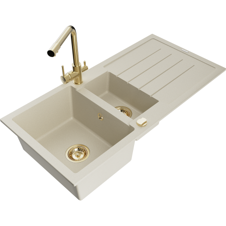 Mexen Andres Granitspüle 1,5-becken mit Abtropfbereich und Küchenarmatur Duero, beige - 6515-69-671600-50