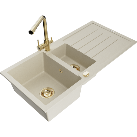 Mexen Andres granitspüle 1,5-becken mit abtropffläche und küchenarmatur Duero, beige - 6515-69-671600-50
