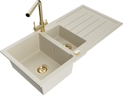 Mexen Andres Granitspüle 1,5-becken mit Abtropfbereich und Küchenarmatur Duero, beige - 6515-69-671600-50