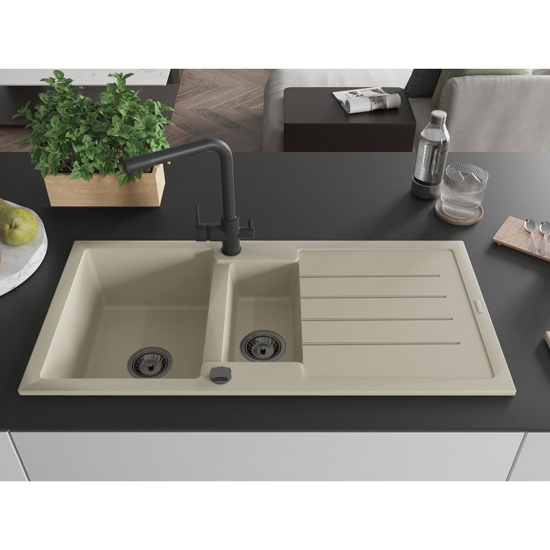 Mexen Andres Granitspüle 1,5-Becken mit Abtropffläche und Küchenarmatur Duero, beige - 6515-69-671600-70