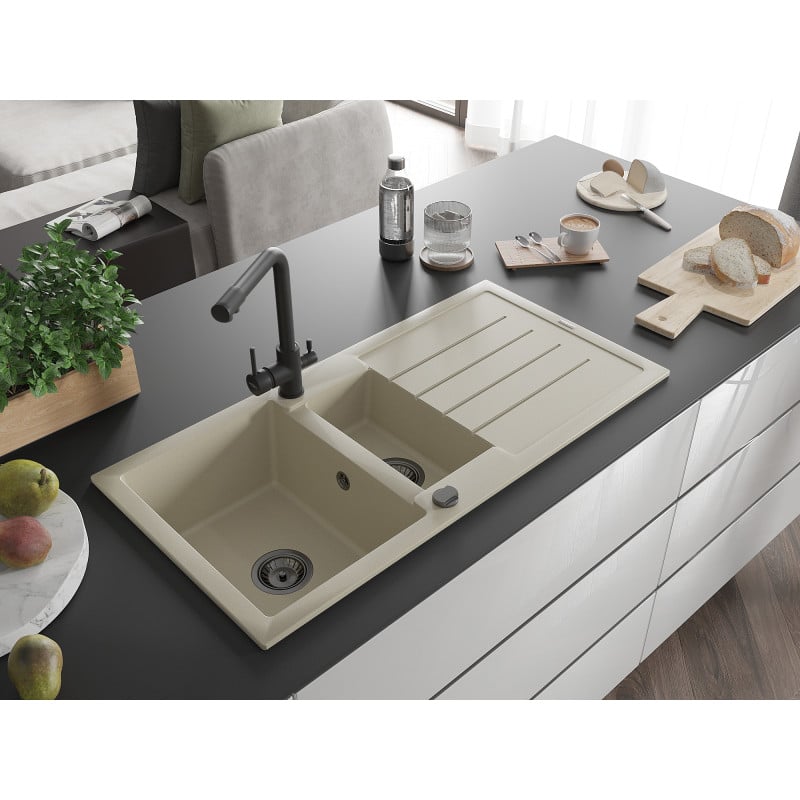 Mexen Andres Granitspüle 1,5-Becken mit Abtropffläche und Küchenarmatur Duero, beige - 6515-69-671600-70