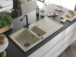 Mexen Andres Granitspüle 1,5-Becken mit Abtropffläche und Küchenarmatur Duero, beige - 6515-69-671600-70