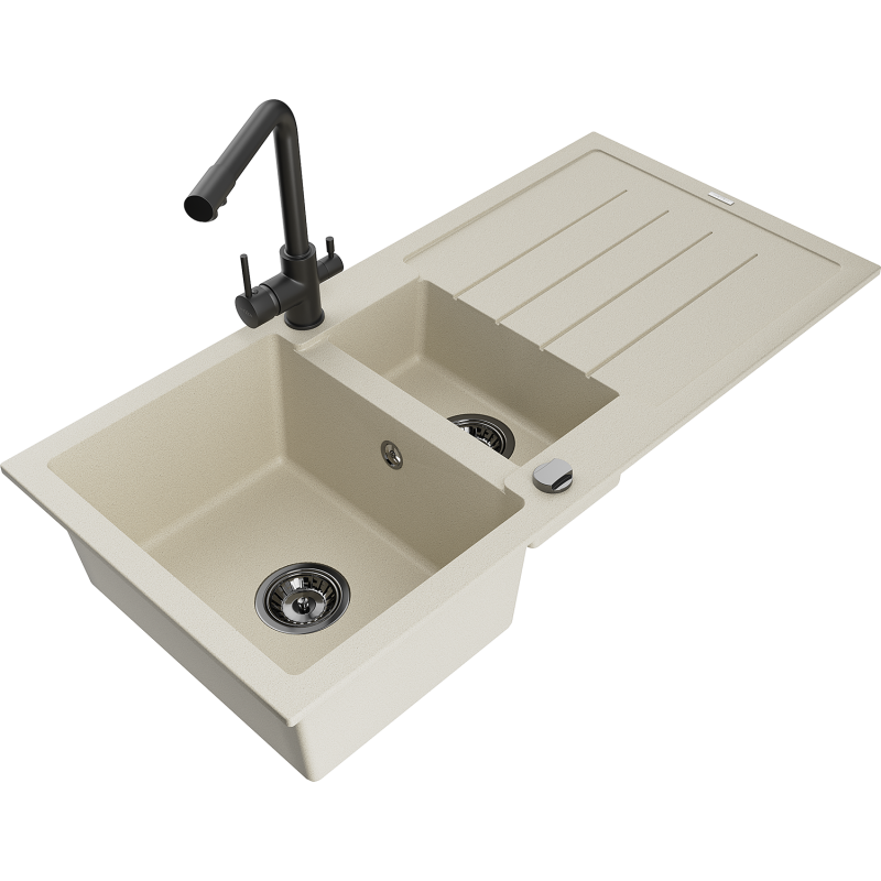 Mexen Andres Granitspüle 1,5-Becken mit Abtropffläche und Küchenarmatur Duero, beige - 6515-69-671600-70