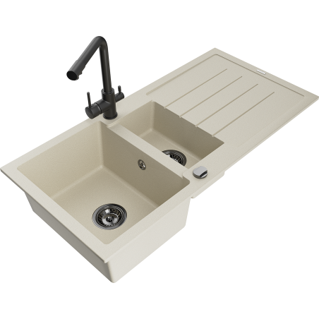 Mexen Andres Granitspüle 1,5-Becken mit Abtropffläche und Küchenarmatur Duero, beige - 6515-69-671600-70