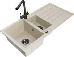 Mexen Andres Granitspüle 1,5-Becken mit Abtropffläche und Küchenarmatur Duero, beige - 6515-69-671600-70