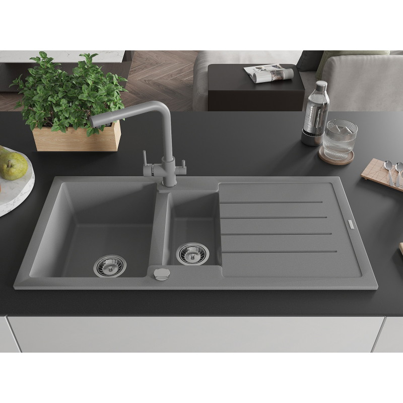 Mexen Andres Granit-Spüle 1,5-Becken mit Abtropffläche und Küchenarmatur Duero, grau - 6515-71-671600-71