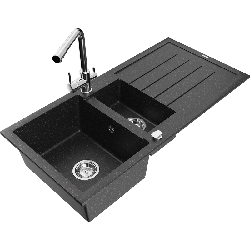 Mexen Andres Granitspüle 1,5-becken mit Abtropffläche und Küchenarmatur Duero, schwarz/silber - 6515-73-671600-00