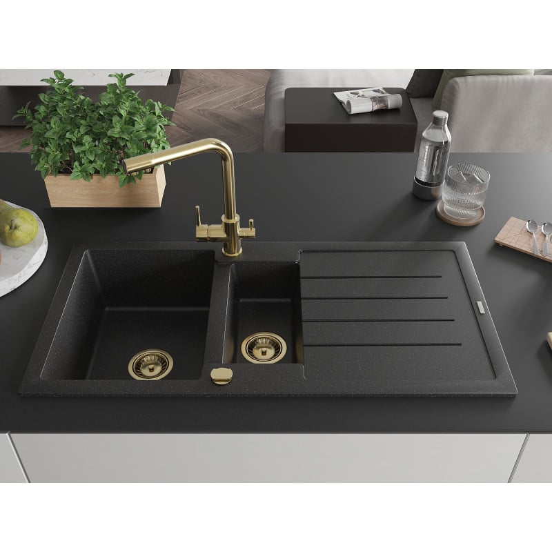 Mexen Andres Granitspüle 1,5 Kammern mit Abtropffläche und Küchenarmatur Duero, schwarz/silber - 6515-73-671600-50