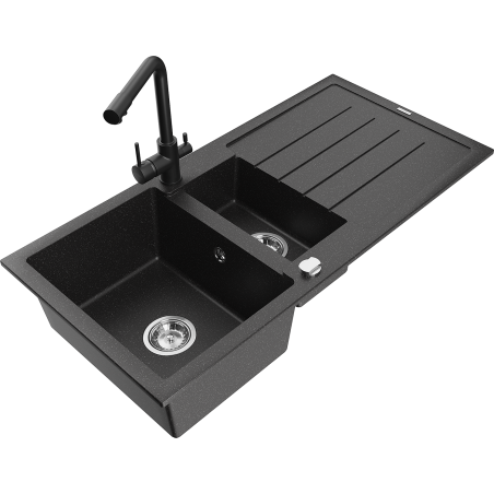 Mexen Andres Granitspüle 1,5-Becken mit Abtropffläche und Küchenarmatur Duero, schwarz/silber - 6515-73-671600-70