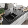 Mexen Andres Granitspüle 1,5-Becken mit Abtropffläche und Küchenarmatur Duero, schwarz/silber - 6515-73-671600-70-B