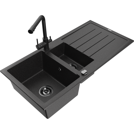 Mexen Andres Granitspüle 1,5-Becken mit Abtropffläche und Küchenarmatur Duero, schwarz/silber - 6515-73-671600-70-B