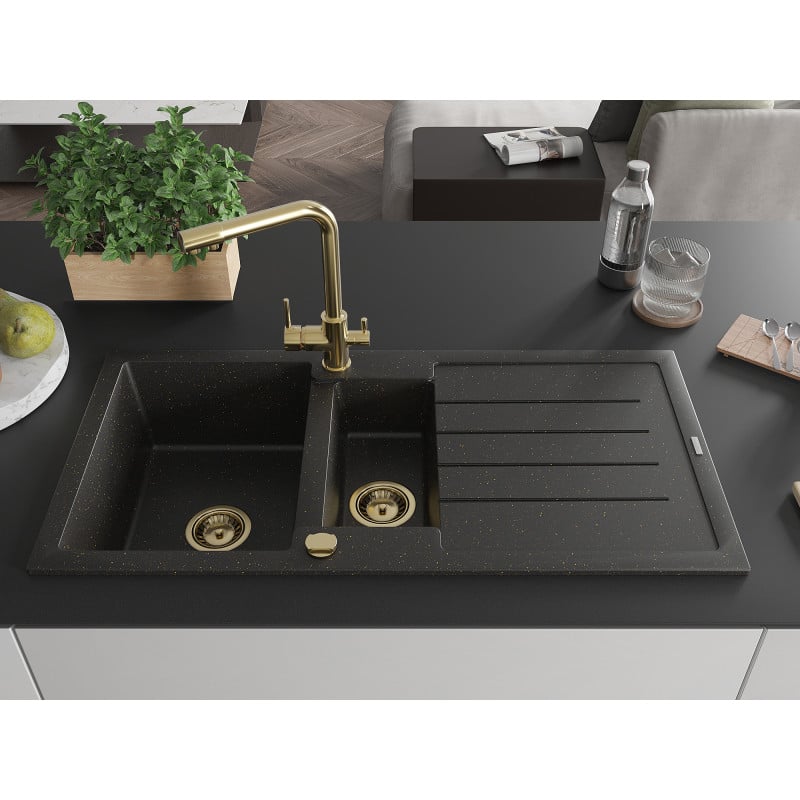 Mexen Andres 1,5-Kammer-Einbauspüle aus Granit mit Abtropffläche und Küchenarmatur Duero, schwarz/gold - 6515-75-671600-50