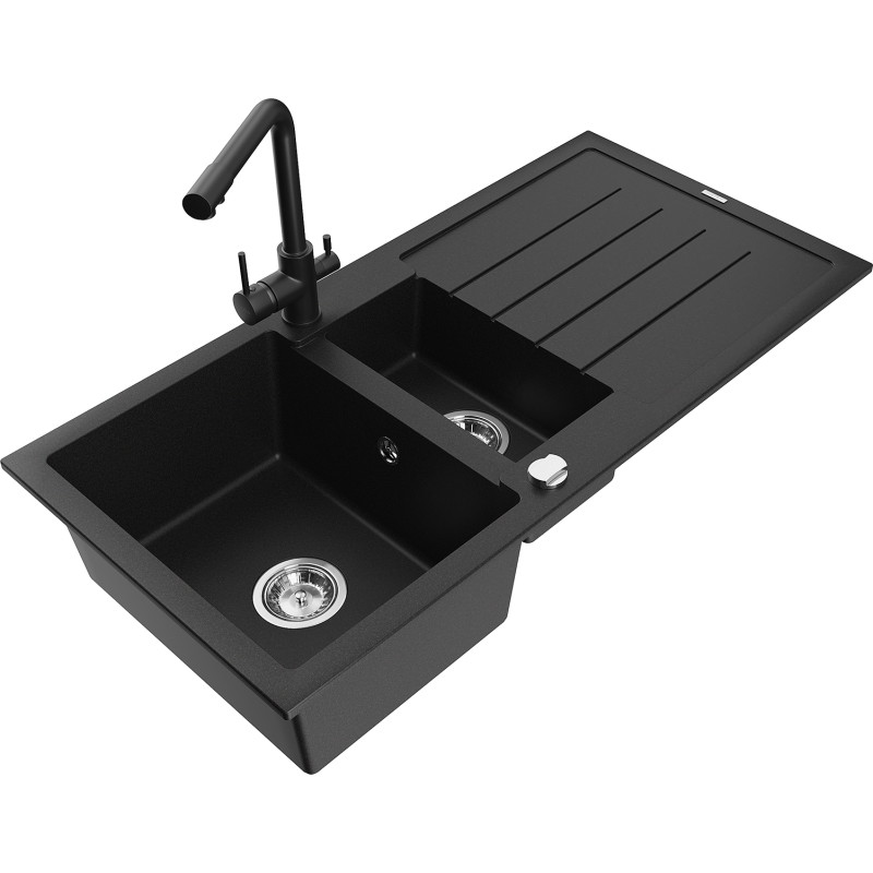 Mexen Andres 1,5-Becken Granitspüle mit Abtropffläche und Küchenarmatur Duero, schwarz - 6515-77-671600-70