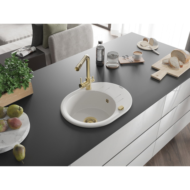 Mexen Kevin 1-Kammer Granitspüle mit Abtropffläche und Küchenarmatur Duero, weiß - 6517-20-671600-50