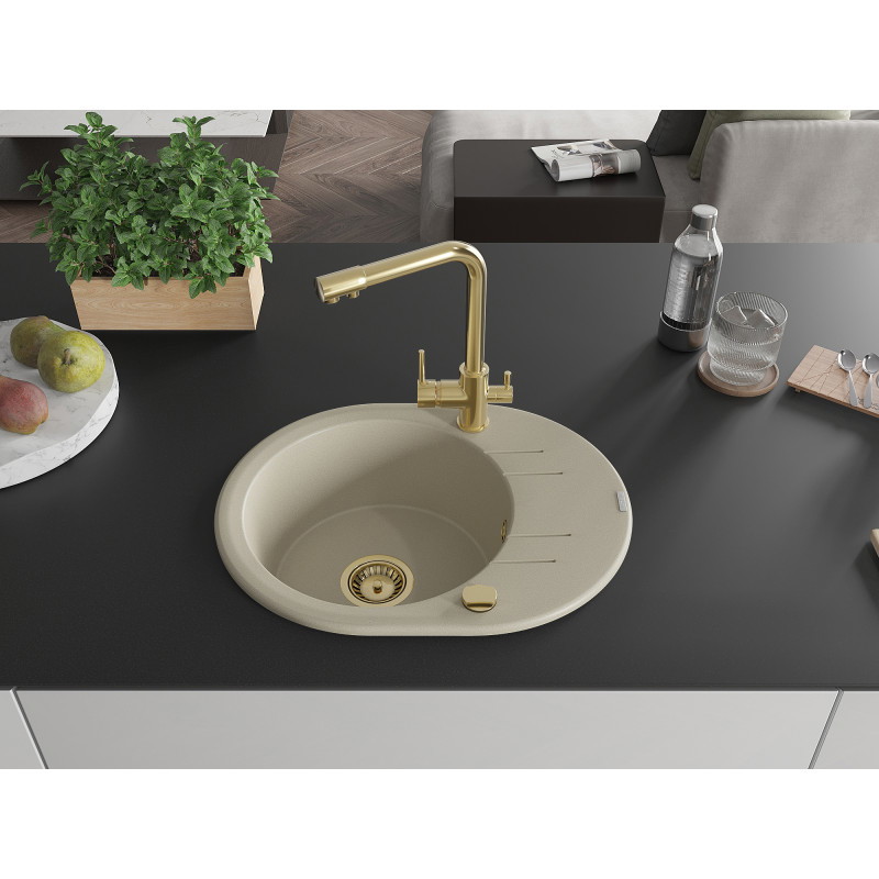 Mexen Kevin Granitspüle 1-beckig mit Abtropffläche und Küchenarmatur Duero, beige - 6517-69-671600-50
