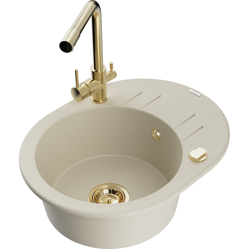 Mexen Kevin Granitspüle 1-beckig mit Abtropffläche und Küchenarmatur Duero, beige - 6517-69-671600-50