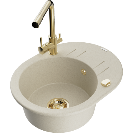 Mexen Kevin Granitspüle 1-beckig mit Abtropffläche und Küchenarmatur Duero, beige - 6517-69-671600-50