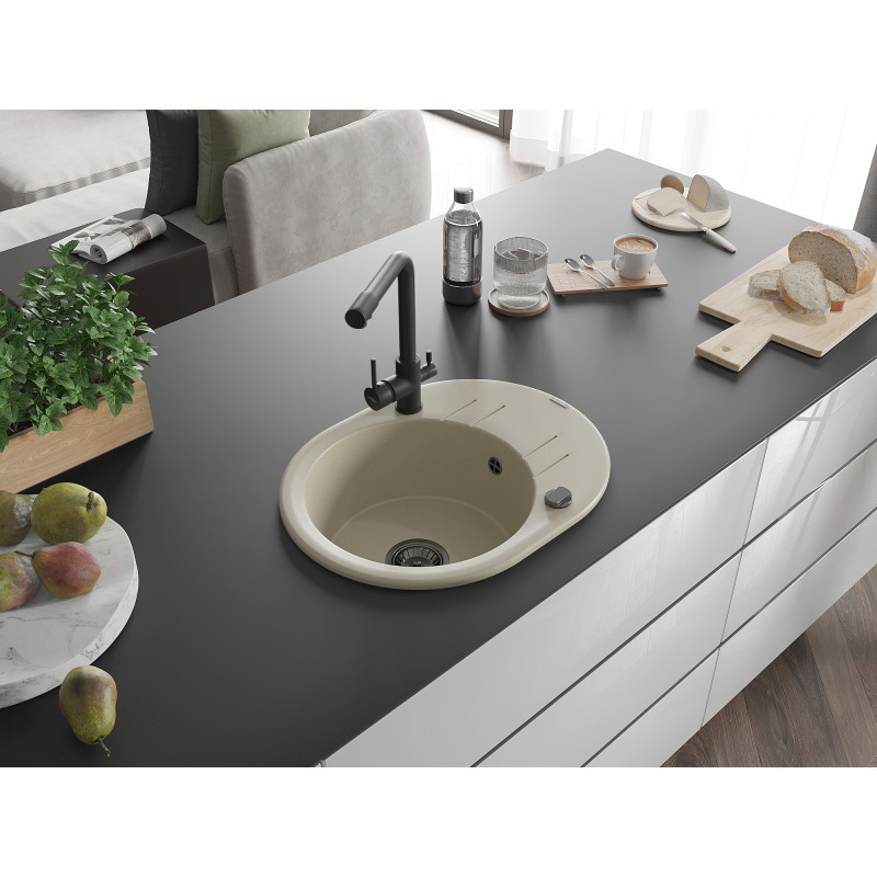 Mexen Kevin Granitspüle 1-beckig mit Abtropffläche und Küchenarmatur Duero, beige - 6517-69-671600-70