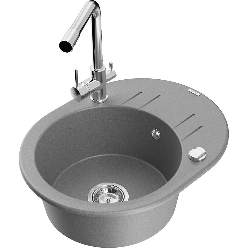 Mexen Kevin Granitspüle 1-Becken mit Abtropffläche und Küchenarmatur Duero, grau - 6517-71-671600-00