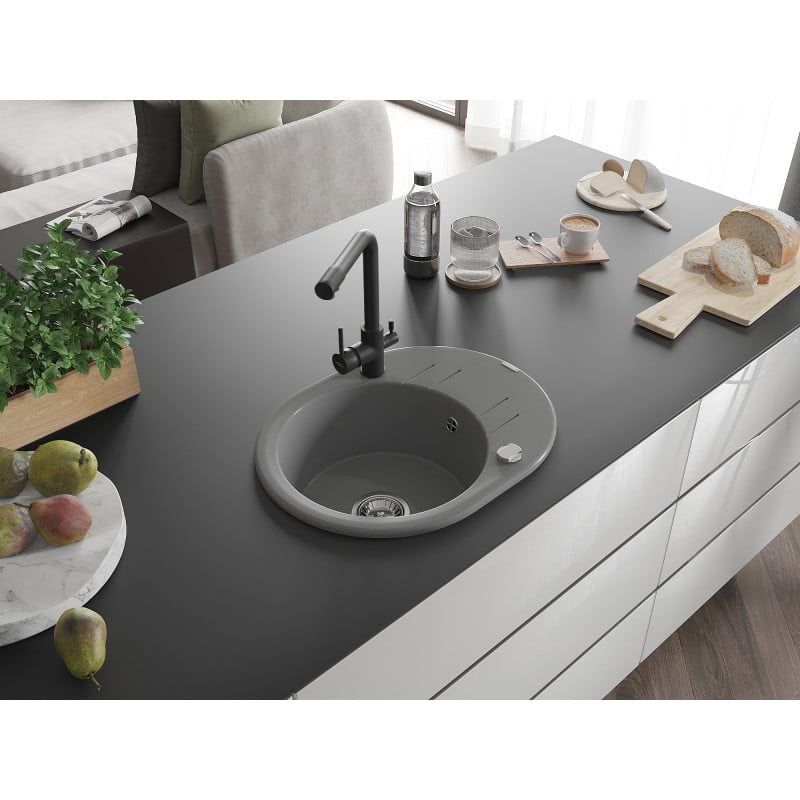 Mexen Kevin Granitspüle 1-Becken mit Abtropffläche und Küchenarmatur Duero, grau - 6517-71-671600-70