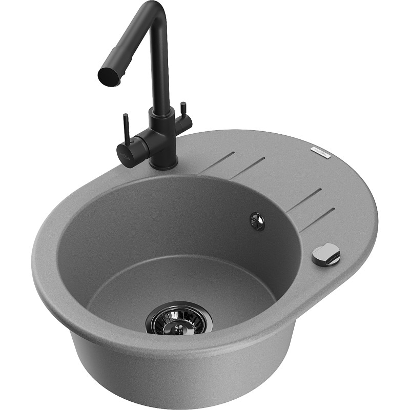 Mexen Kevin Granitspüle 1-becken mit Abtropffläche und Küchenarmatur Duero, grau - 6517-71-671600-70-B