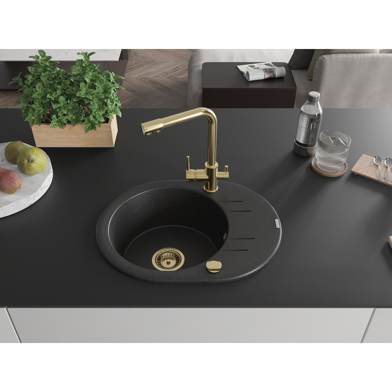 Mexen Kevin Granitspüle 1-Becken mit Abtropffläche und Küchenarmatur Duero, schwarz/silber metallic - 6517-73-671600-50