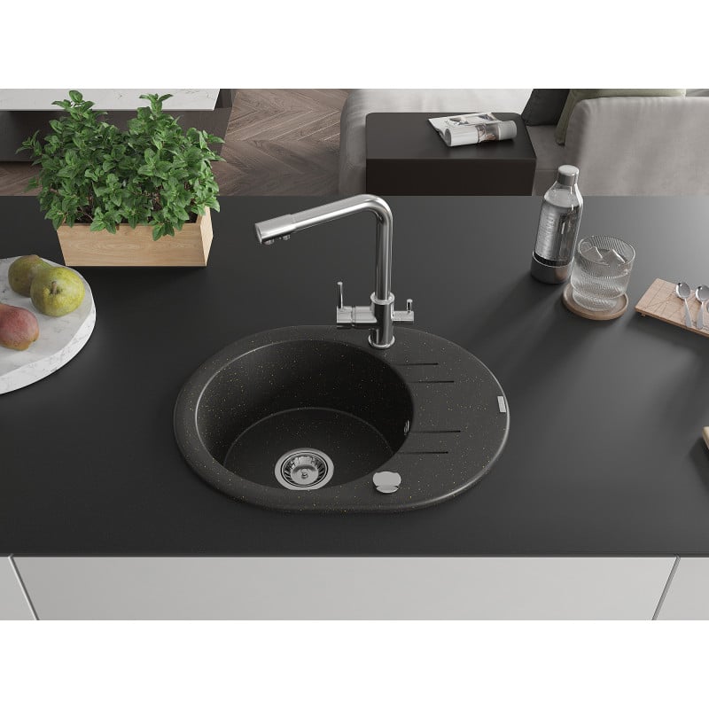 Mexen Kevin Granitspüle 1-Becken mit Abtropffläche und Küchenarmatur Duero, schwarz/goldenes Metallic - 6517-75-671600-00