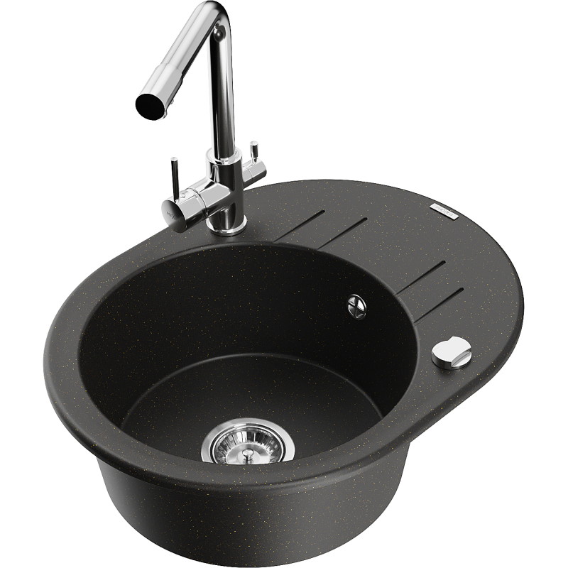 Mexen Kevin 1-Wannen Granitspüle mit Abtropffläche und Küchenarmatur Duero, schwarz/gold metallic - 6517-75-671600-00
