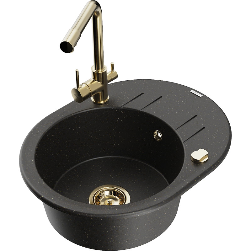 Mexen Kevin Einzelbecken Granitspüle mit Abtropffläche und Küchenarmatur Duero, schwarz/gold metallic - 6517-75-671600-50
