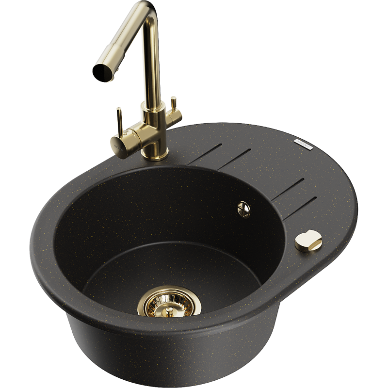 Mexen Kevin Granitspüle 1-Becken mit Abtropffläche und Küchenarmatur Duero, schwarz/gold metallic - 6517-75-671600-50