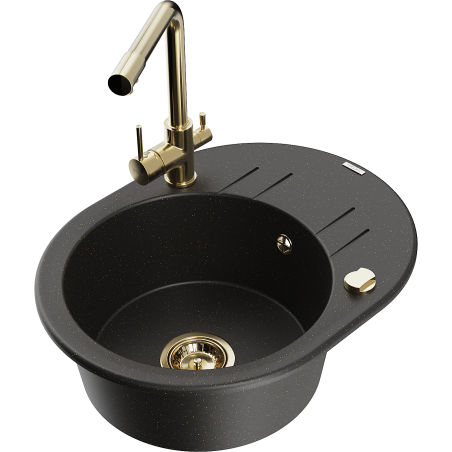 Mexen Kevin Einzelbecken Granitspüle mit Abtropffläche und Küchenarmatur Duero, schwarz/gold metallic - 6517-75-671600-50