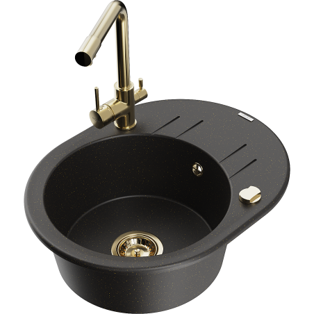 Mexen Kevin Granitspüle 1-Becken mit Abtropffläche und Küchenarmatur Duero, schwarz/gold metallic - 6517-75-671600-50