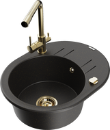 Mexen Kevin Granitspüle 1-Becken mit Abtropffläche und Küchenarmatur Duero, schwarz/gold metallic - 6517-75-671600-50