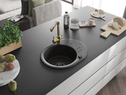 Mexen Kevin Granitspüle 1-Becken mit Abtropffläche und Küchenarmatur Duero, schwarz/goldener Metallic - 6517-75-671600-50-B