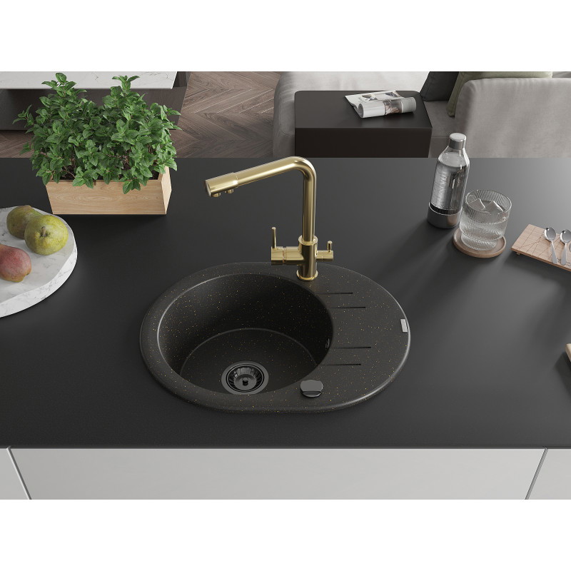 Mexen Kevin Granitspüle 1-Becken mit Abtropffläche und Küchenarmatur Duero, schwarz/goldener Metallic - 6517-75-671600-50-B