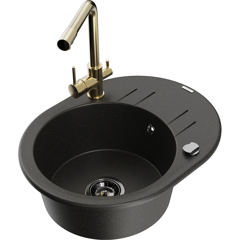 Mexen Kevin Granitspüle 1-beckig mit Abtropffläche und Küchenarmatur Duero, schwarz/gold metallic - 6517-75-671600-50-B