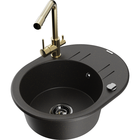 Mexen Kevin Granitspüle 1-Becken mit Abtropffläche und Küchenarmatur Duero, schwarz/goldener Metallic - 6517-75-671600-50-B
