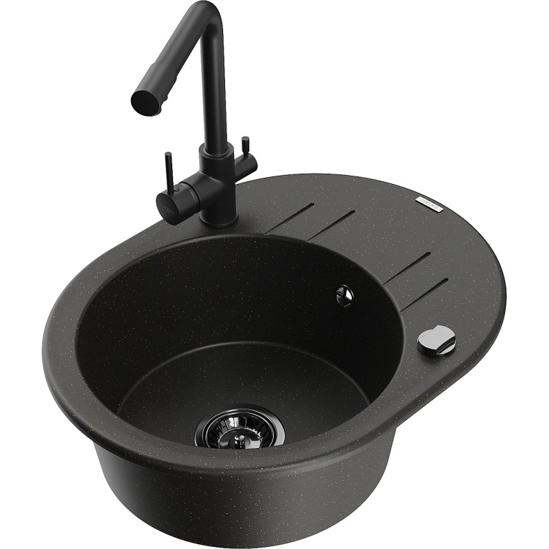 Mexen Kevin 1-Kammer Granitspüle mit Abtropffläche und Küchenarmatur Duero, schwarz/goldener Metallic - 6517-75-671600-70-B