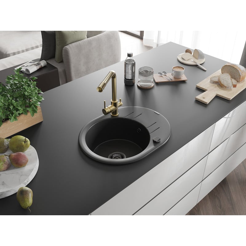 Mexen Kevin Granitspüle 1-Becken mit Abtropffläche und Küchenarmatur Duero, schwarz - 6517-77-671600-50-B