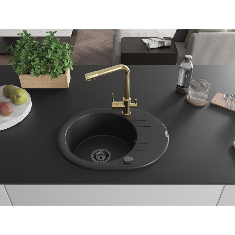 Mexen Kevin Granitspüle 1-Becken mit Abtropffläche und Küchenarmatur Duero, schwarz - 6517-77-671600-50-B