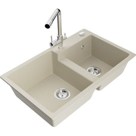 Mexen Tomas Granitspüle 2-Kammern mit Küchenarmatur Duero, beige - 6516-69-671600-00