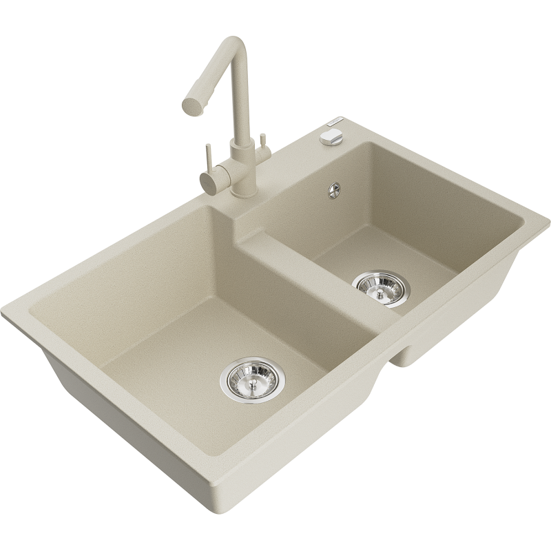 Mexen Tomas Granitspüle mit 2 Becken und Küchenarmatur Duero, beige - 6516-69-671600-69