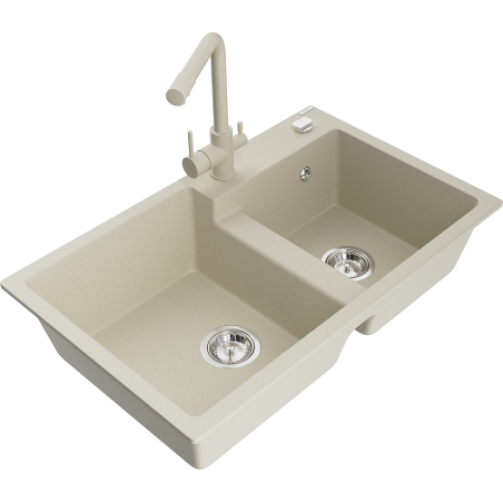 Mexen Tomas Granitspüle mit 2 Becken und Küchenarmatur Duero, beige - 6516-69-671600-69
