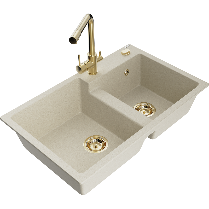 Mexen Tomas Granitspüle 2-Kammern mit Küchenarmatur Duero, beige - 6516-69-671600-50