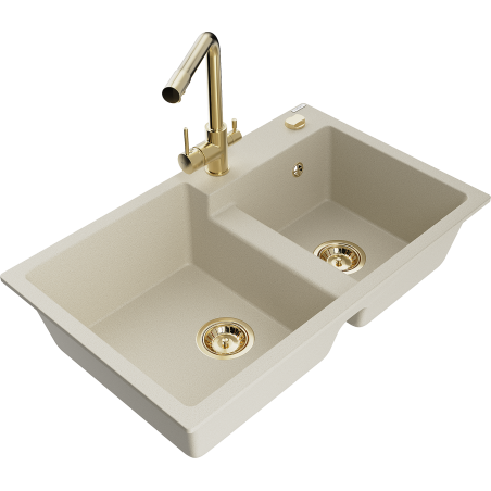 Mexen Tomas Granitspüle 2-Kammern mit Küchenarmatur Duero, beige - 6516-69-671600-50