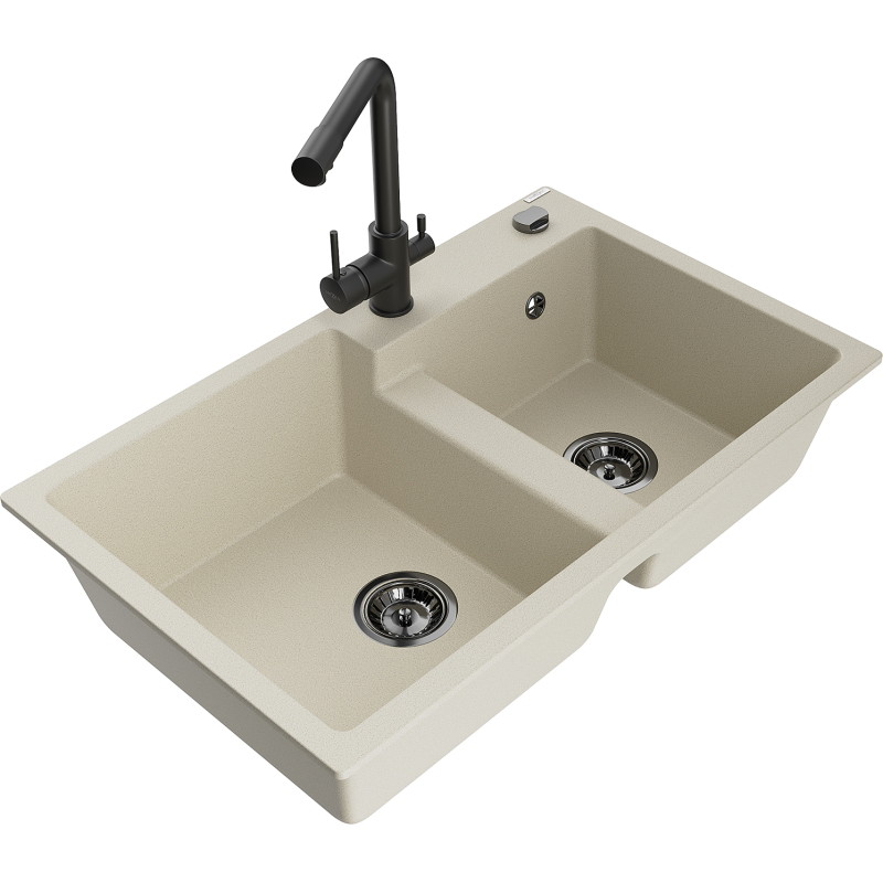 Mexen Tomas Granitspüle 2-Kammer mit Küchenarmatur Duero, beige - 6516-69-671600-70