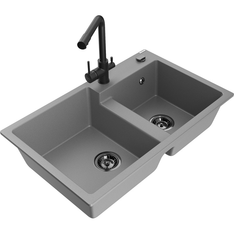 Mexen Tomas granitspüle 2-becken mit küchenarmatur Duero, grau - 6516-71-671600-70-B