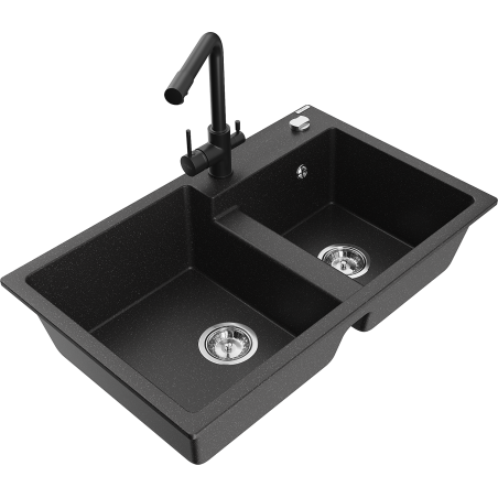 Mexen Tomas Granitspüle 2-Kammer mit Küchenarmatur Duero, schwarz/silber Metallic - 6516-73-671600-70
