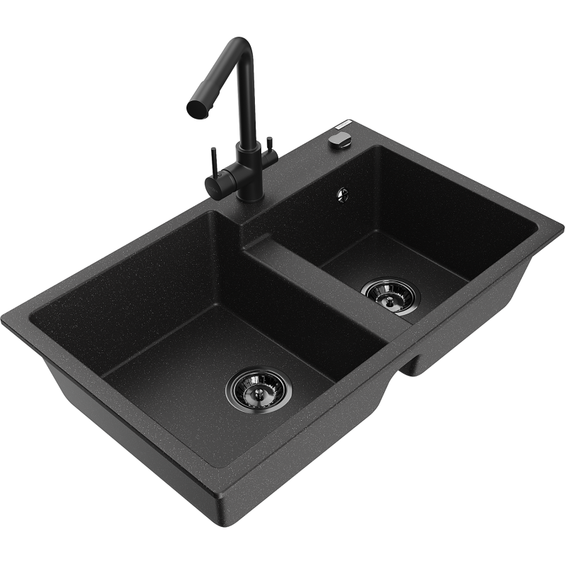 Mexen Tomas Granitspüle 2-Kammer mit Küchenarmatur Duero, schwarz/silber metallic - 6516-73-671600-70-B