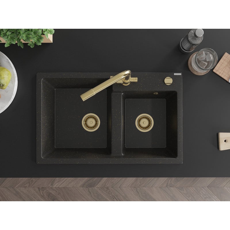 Mexen Tomas Granitspüle 2-Kammern mit Küchenarmatur Duero, Schwarz/Gold Metallic - 6516-75-671600-50